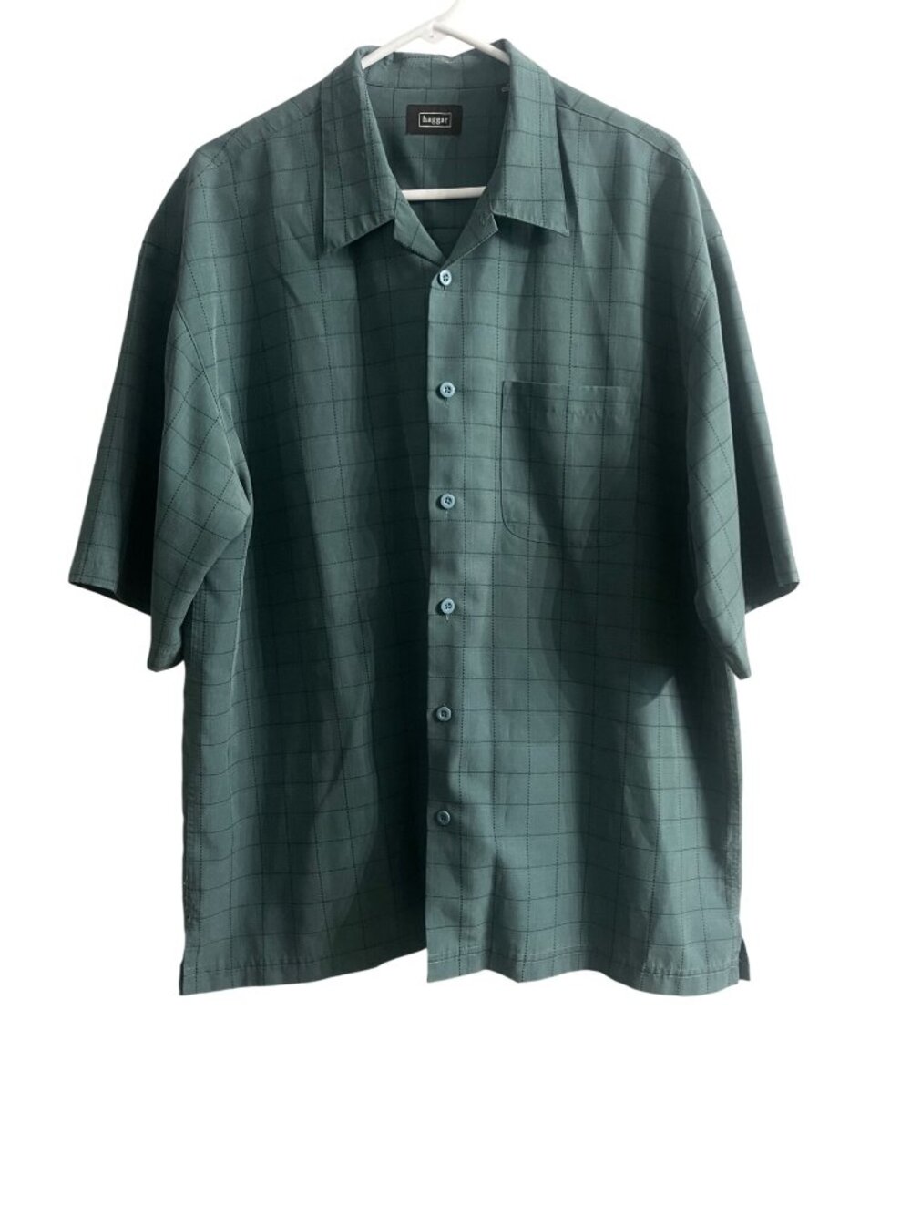 Haggar Mens Earthy Green Checkered ShortSleeve ButtonUp Shirt Business Casual XL